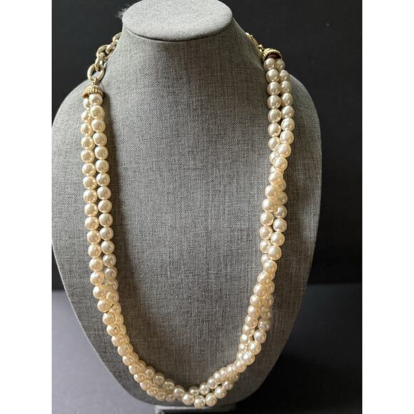 Vintage Double Strand Pearl Necklace Belt Cream Gold Tone Chain Cocktail Wedding - Picture 1 of 9